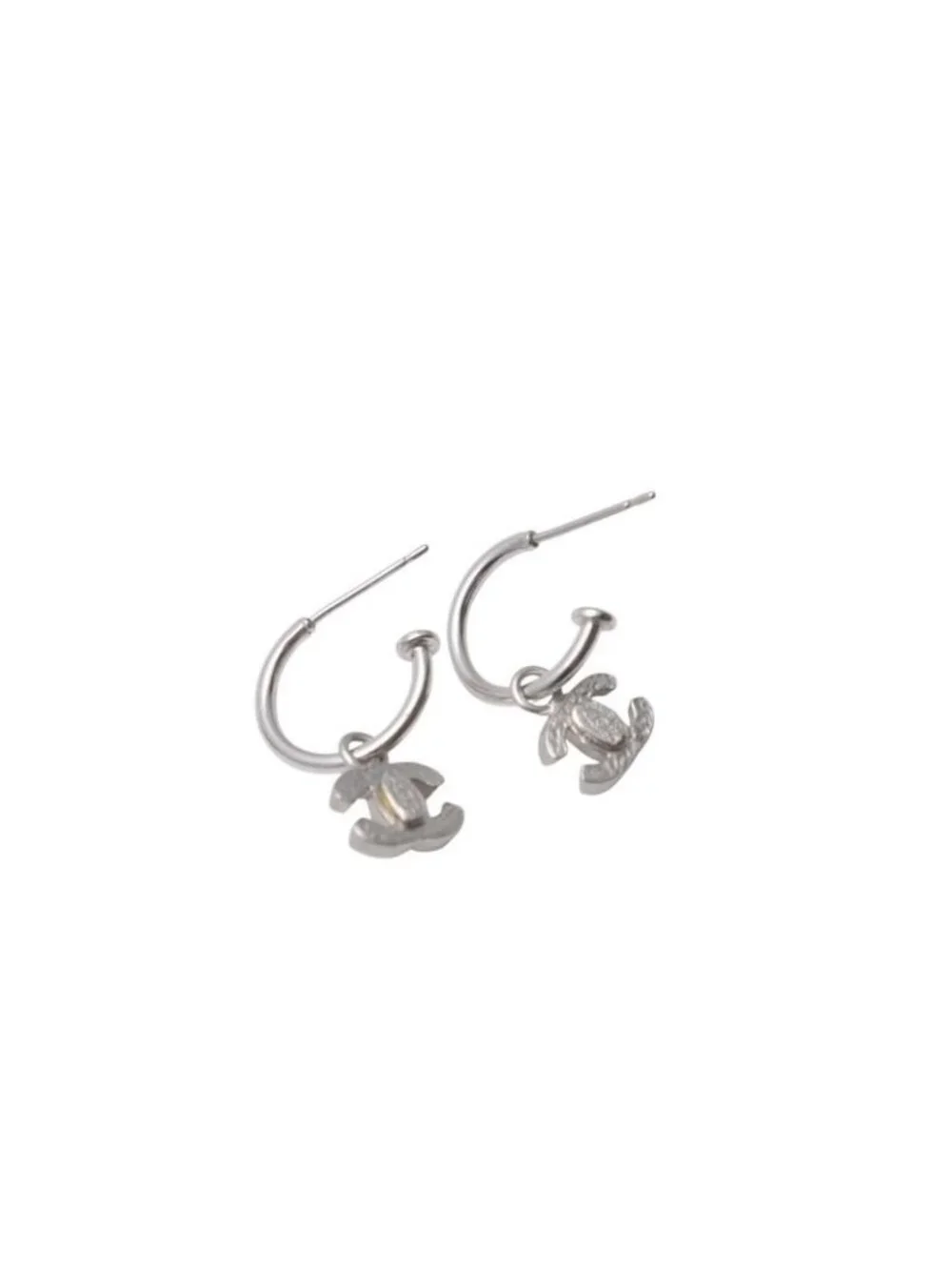 Chanel CC Logo Earrings Hoop Dangling 08 Metal Silver